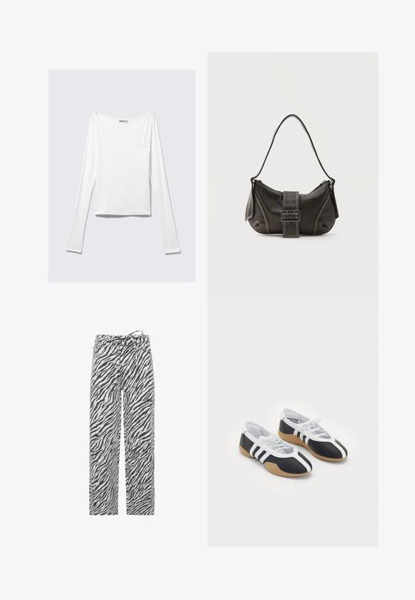 Witte long-sleeve top met een crossover ontwerp en een zak. Gemaakt van een gladde, rekbare stof. Geknipt in een casual, relaxte pasvorm.; Zebrastrepen broek in zwart en wit, met een losse pasvorm, verstelbare tailleband en een zachte, gestructureerde stof.; Zwart-witte sport schoenen met een slank ontwerp, rubberen zool, vetersluiting en drie witte strepen aan de zijkanten.; Zwarte leren schoudertas met gespsluiting aan de riem, afgeronde hoeken en contrasterende witte stiksels op een effen achtergrond.