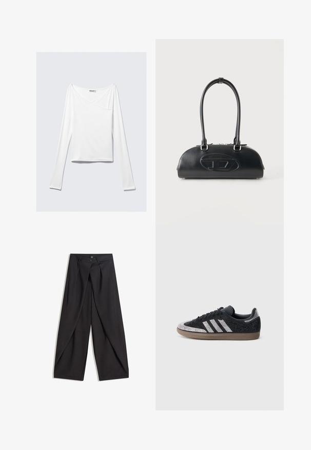 White long-sleeve top with a crossover design and a pocket. Made from a smooth, stretchy fabric. Cut in a casual, relaxed fit.; Black wide-leg pants made from smooth fabric, featuring two front pockets and a pleated design with two buttons at the waist.; Black sneaker with sparkling silver accents and three white stripes. Features a low-top design, textured upper, and brown rubber sole.; Black leather handbag with long double handles and embossed oval logo on front, shown against a plain light background.