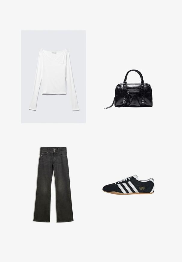 Haut blanc à manches longues avec un design croisé et une poche. Fabriqué dans un tissu lisse et extensible. Coupé dans une coupe décontractée et ample.; Jean large en denim noir avec une taille ajustée, présentant des coutures visibles, deux poches avant et des éléments en métal argenté sur les boutons.; Sneakers en suede noir avec trois bandes blanches, logo doré et semelle en caoutchouc marron. Présente un design à lacets à profil bas.; Sac à main en cuir noir brillant avec deux poignées, poche zippée à l'avant, détails avec boucle et bandoulière pour poignet sur fond blanc.