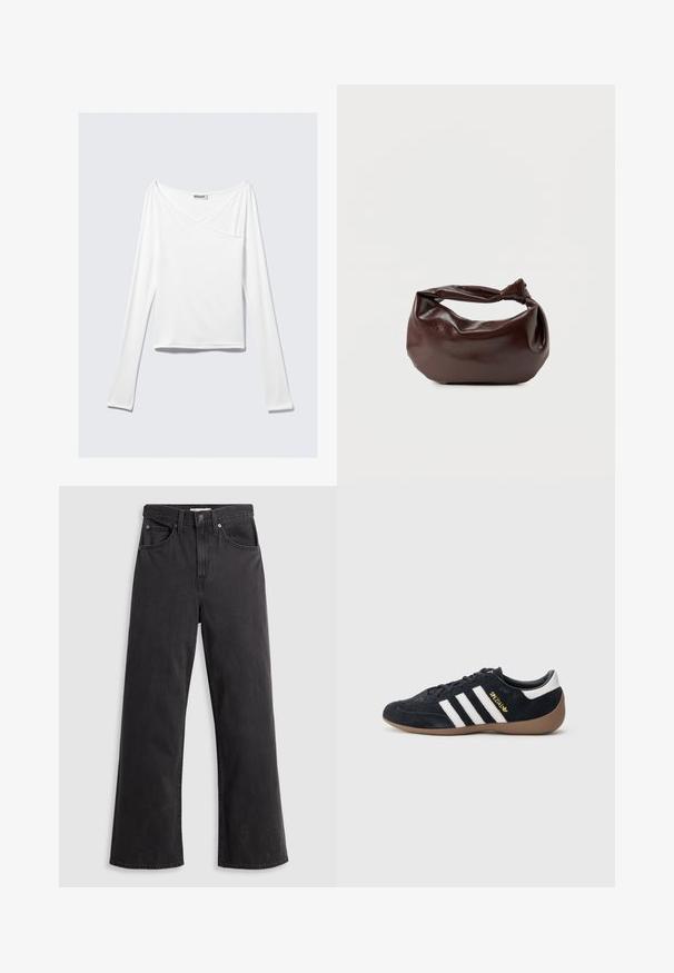 Top blanco de manga larga con diseño cruzado y un bolsillo. Fabricado en una tela suave y elástica. Con un corte casual y relajado.; Jeans de mezclilla negra de pierna ancha con cintura alta, cinco bolsillos y cierre de botón metálico. La tela tiene una textura suave y ligeramente desvaída.; Zapatilla de ante negra con tres rayas blancas, suela de goma y un pequeño logo dorado en el lateral. Cuenta con un forro interior negro liso.; Bolso de hombro de cuero marrón oscuro con una forma suave y caída, y un asa con nudo torcido sobre un fondo blanco liso.