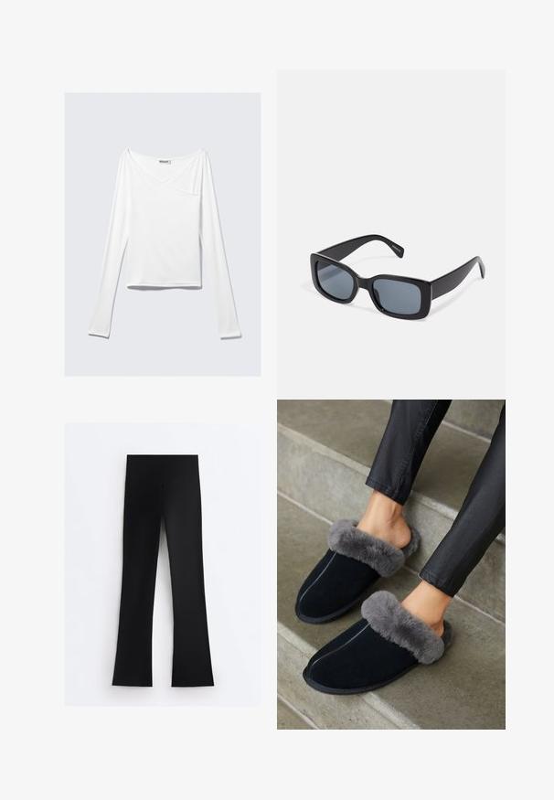 Weißes Langarmoberteil mit einem Überlappungsdesign und einer Tasche. Hergestellt aus einem glatten, elastischen Material. In einem lässigen, entspannten Schnitt.; Schwarze Leggings mit hoher Taille und breitem Bund, geradem Beinanschnitt, flach auf weißem Hintergrund dargestellt.; Schwarze Wildlederpantoffeln mit einem grauen Kunstfellbund, runder Zehenpartie und Kontrastnähten. Weiche Textur und Slipper-Design für ein einfaches Anziehen.; Schwarze rechteckige Sonnenbrille mit dunkel getönten Gläsern, dickem Kunstrahmen und breiten Bügeln. Glatte Oberfläche und kantiges Design.