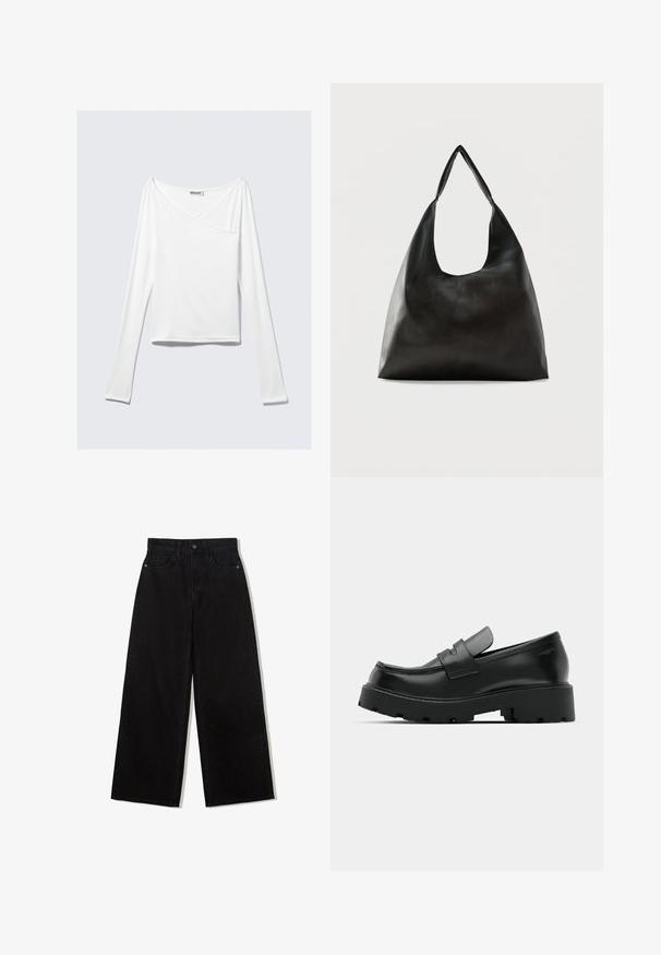 Weißes Langarmoberteil mit einem Überlappungsdesign und einer Tasche. Hergestellt aus einem glatten, elastischen Material. In einem lässigen, entspannten Schnitt.; Schwarze, weit geschnittene Jeans aus Denim mit hoher Taille, die ein Fünf-Taschen-Design und einen einzelnen Knopfverschluss vorne aufweist.; Schwarze Leder-Loafers mit einer chunky strukturierten Sohle, ausgestattet mit einem Riemen über dem Spann und einer glatten, polierten Oberfläche.; Schwarze, glatte Leder-Schultertasche mit einem breiten, einzelnen Riemen und einem lässigen, minimalistischen Design vor einem einfarbigen Hintergrund.