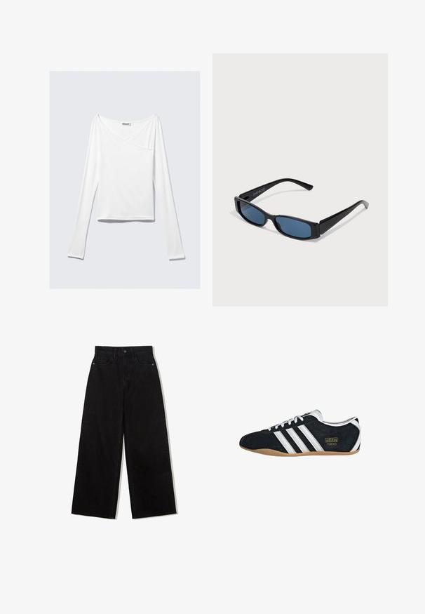 Haut blanc à manches longues avec un design croisé et une poche. Fabriqué dans un tissu lisse et extensible. Coupé dans une coupe décontractée et ample.; Jeans noirs à jambes larges en denim avec une taille haute, présentant un design à cinq poches et une fermeture à un bouton à l'avant.; Sneakers en suede noir avec trois bandes blanches, logo doré et semelle en caoutchouc marron. Présente un design à lacets à profil bas.; Lunettes de soleil noires avec une monture rectangulaire élégante et des verres bleus. Présente une texture lisse et des branches robustes. Logo de la marque sur le côté.