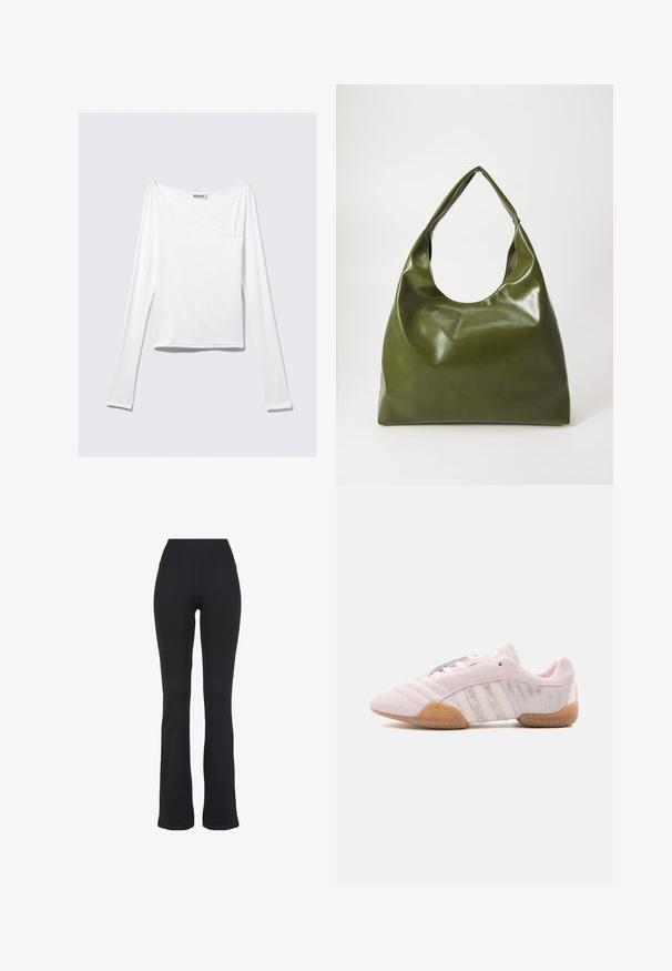 Top blanco de manga larga con diseño cruzado y un bolsillo. Fabricado en una tela suave y elástica. Con un corte casual y relajado.; Pantalones de yoga negros de talle alto y ajustados con piernas acampanadas, presentados sobre un fondo blanco.; Zapatilla deportiva de ante rosa claro con rayas blancas, suela de goma y paneles laterales texturizados, mostrada desde el lado interior sobre un fondo blanco.; Bolsa hobo verde de cuero con un diseño suave, asa curvada y textura lisa. No contiene hardware visible ni acentos.