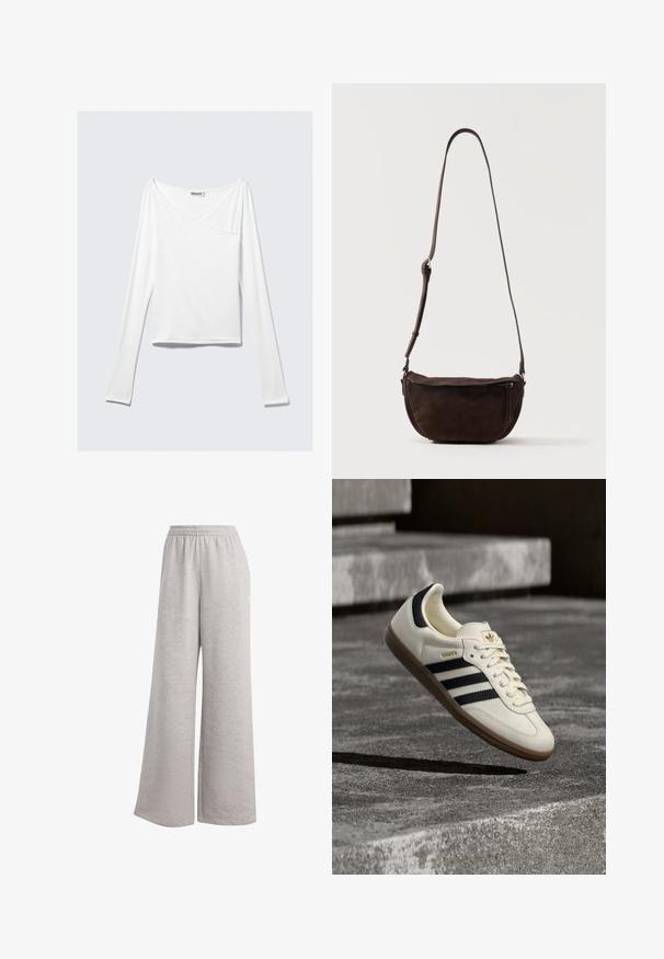 Witte long-sleeve top met een crossover ontwerp en een zak. Gemaakt van een gladde, rekbare stof. Geknipt in een casual, relaxte pasvorm.; Lichtgrijze sweatpants met een losse pasvorm, elastische tailleband en zachte textuur. Heeft subtiele branding aan één kant. Casual ontwerp.; Witte Adidas Samba sneaker met zwarte strepen en gumzool, zwevend boven gestructureerde grijze betonnen treden.; Donkerbruine suède crossbodytas met een verstelbare riem en een ritsvak aan de voorkant, staand tegen een effen lichte achtergrond.