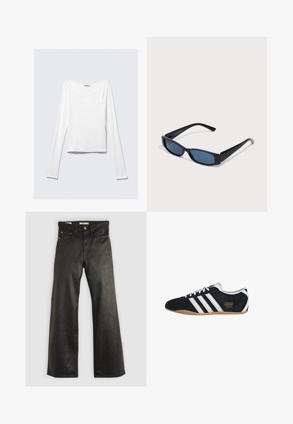 Top blanco de manga larga con diseño cruzado y un bolsillo. Fabricado en una tela suave y elástica. Con un corte casual y relajado.; Pantalones de mezclilla anchos negros con una textura suave, que presentan cinco bolsillos y detalles en metal color cobre. Cierre clásico con botón.; Zapatillas de ante negro con tres franjas blancas, logotipo dorado y suela de goma marrón. Presentan un diseño de cordones de perfil bajo.; Gafas de sol negras con una elegante montura rectangular y lentes azules. Presentan una textura suave y varillas resistentes. Logo de la marca en el costado.