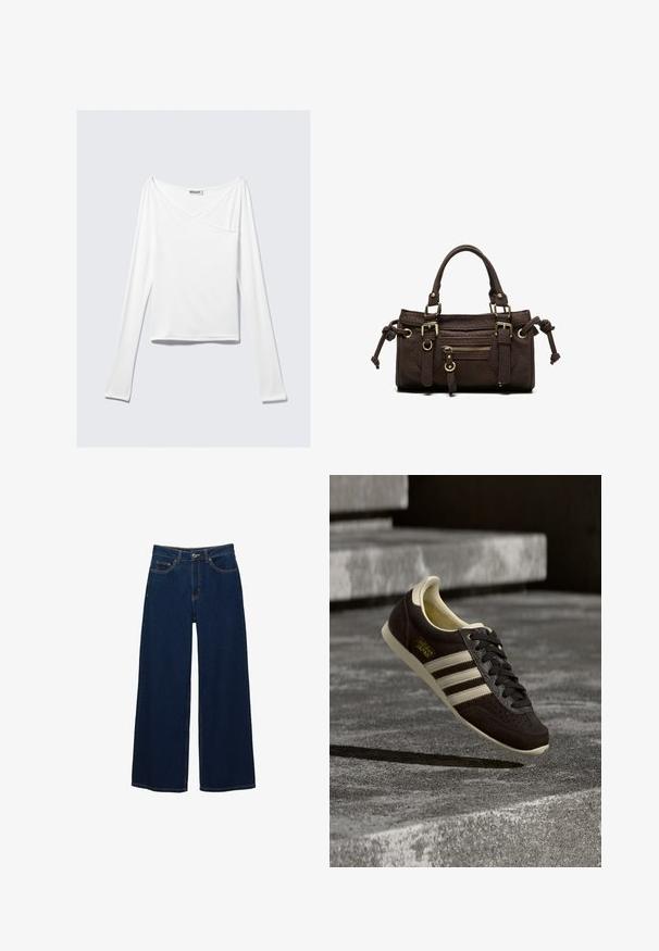 Weißes Langarmoberteil mit einem Überlappungsdesign und einer Tasche. Hergestellt aus einem glatten, elastischen Material. In einem lässigen, entspannten Schnitt.; Dunkelblaue Jeans mit weitem Bein aus Denim; mit Taschen vorne und Knopfverschluss; auffällige Nähte entlang der Nähte; keine Muster oder Verzierungen.; Dunkelbrauner Adidas Japan Sneaker mit cremefarbenen Streifen und Sohle, schwebend über einer Betonfläche mit Steintreppen im Hintergrund.; Dunkelbraune Lederhandtasche mit doppelten Griffen, vorderer Reißverschlusstasche, dekorativen Schnallen und seitlichen Knoten auf weißem Hintergrund.