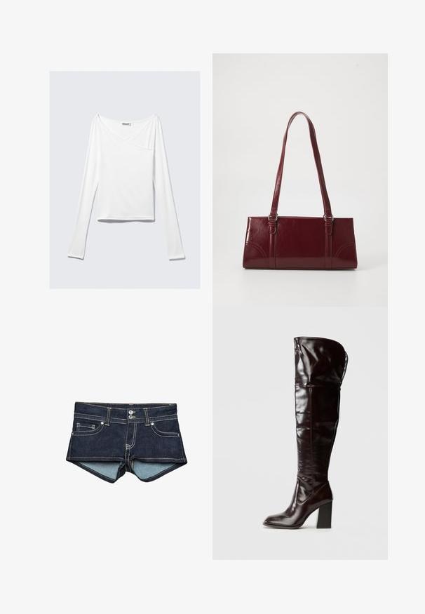 Haut blanc à manches longues avec un design croisé et une poche. Fabriqué dans un tissu lisse et extensible. Coupé dans une coupe décontractée et ample.; Shorts en jean bleu foncé avec une doublure intérieure bleu clair, présentant des poches avant, deux boutons et une couture contrastée au niveau de la taille.; Bottes en cuir bordeaux glacé montant jusqu'au genou, avec un bout carré et un talon bloc, présentant un design ample et des détails de couture minimalistes.; Sac à main bordeaux en matériau brillant, de forme rectangulaire, avec deux anses et des accents légèrement courbés à l'avant.