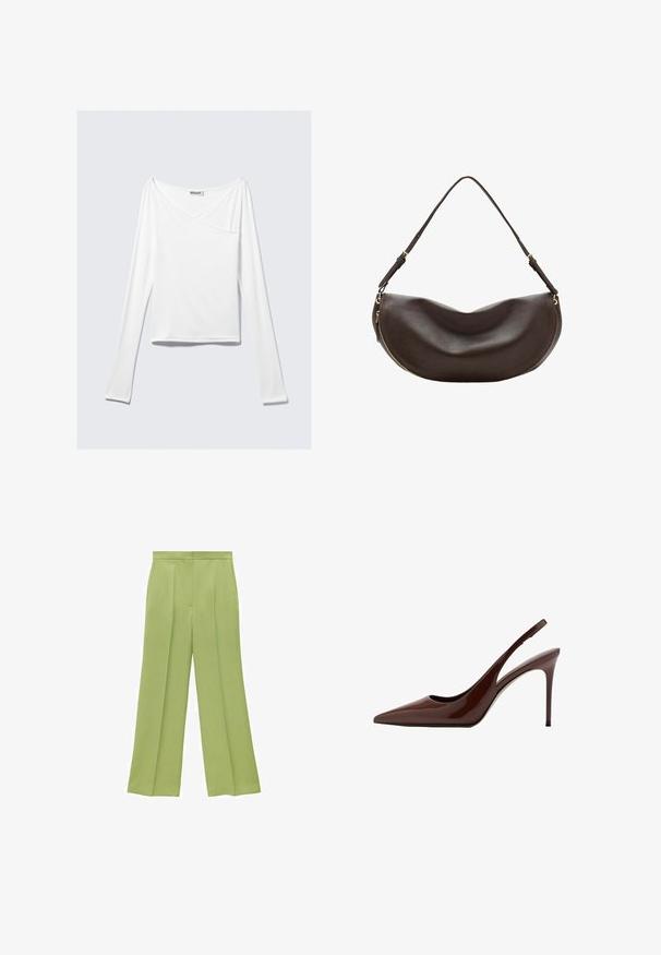 Top blanco de manga larga con diseño cruzado y un bolsillo. Fabricado en una tela suave y elástica. Con un corte casual y relajado.; Pantalones anchos verdes con una textura suave, pliegues en la parte delantera y una cinturilla ajustada. Un corte holgado mejora la silueta general.; Zapato de charol marrón con punta en punta, tacón alto de aguja delgado y tira trasera abierta sobre fondo blanco.; Bolso de hombro de cuero marrón oscuro con forma curva, correa ajustable y cremallera dorada a lo largo del borde inferior.