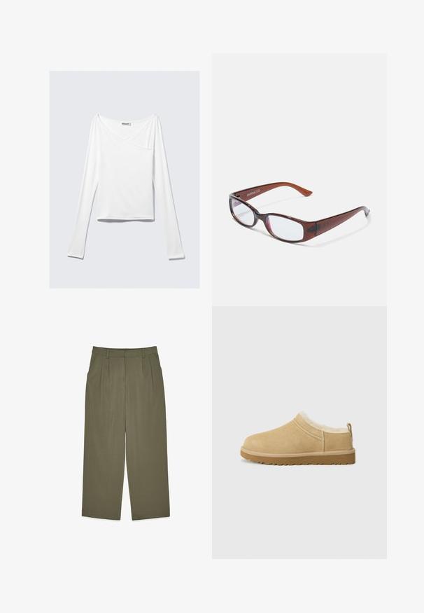 Weißes Langarmoberteil mit einem Überlappungsdesign und einer Tasche. Hergestellt aus einem glatten, elastischen Material. In einem lässigen, entspannten Schnitt.; Olivgrüne High-Waist-Hosen mit Gürtelschlaufen, vorderen Falten, Seitentaschen und weitem Bein, flach auf weißem Hintergrund präsentiert.; Suede Slipper in hellbraun, ausgestattet mit einem weichen Fellfutter und einer strukturierten Gummisole mit einem leichten Absatz sowie einer Zugschlaufe hinten für einfaches An- und Ausziehen.; Braun getönte rechteckige Brille mit glänzender Oberfläche, schlanken Bügeln und transparenten Gläsern. Logo auf dem linken Bügel sichtbar.