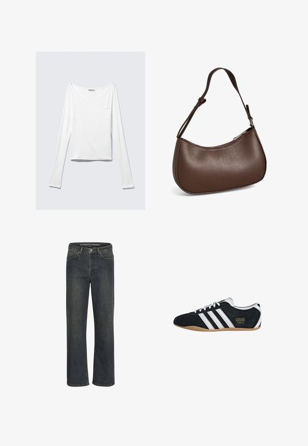 Top blanco de manga larga con diseño cruzado y un bolsillo. Fabricado en una tela suave y elástica. Con un corte casual y relajado.; Jeans de pierna recta en azul oscuro, hechos de tela de mezclilla, con una cintura de altura media, diseño de cinco bolsillos y costuras sutiles a lo largo de las costuras.; Zapatillas de ante negro con tres franjas blancas, logotipo dorado y suela de goma marrón. Presentan un diseño de cordones de perfil bajo.; Pequeño bolso bandolera de cuero marrón con correa ajustable y cierre de cremallera, mostrado sobre un fondo blanco. Sin logotipos ni adornos visibles.