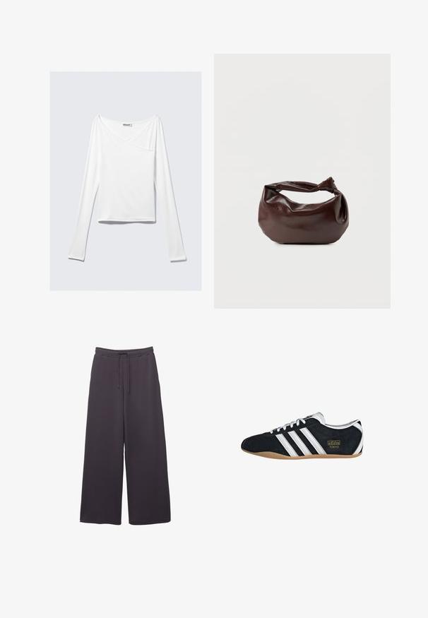 Haut blanc à manches longues avec un design croisé et une poche. Fabriqué dans un tissu lisse et extensible. Coupé dans une coupe décontractée et ample.; Pantalons larges gris foncé avec taille élastique et cordon de serrage, fabriqués dans un tissu doux, présentés sur un fond blanc.; Sneakers en suede noir avec trois bandes blanches, logo doré et semelle en caoutchouc marron. Présente un design à lacets à profil bas.; Sac bandoulière en cuir marron foncé avec une forme souple et décontractée et une anse nouée torsadée sur un fond blanc uni.