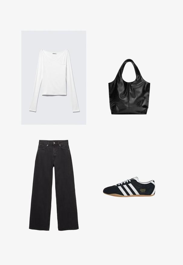 Weißes Langarmoberteil mit einem Überlappungsdesign und einer Tasche. Hergestellt aus einem glatten, elastischen Material. In einem lässigen, entspannten Schnitt.; Schwarze Jeans mit weitem Bein aus Denim, ausgestattet mit hoher Taille, fünf Taschen und einem Knopfverschluss mit dezenten Nahtdetails.; Schwarze Wildledersneaker mit drei weißen Streifen, goldenem Logo und brauner Gummisohle. Merkmale ein niedrigprofiliertes Schnürdesign.; Schwarze Leder-Tote mit glatter Textur, weichem, abgerundetem Oberteil und breiten Tragegriffen. Merkmale minimale Nähte und eine lässige Silhouette.