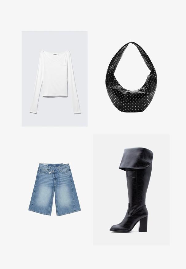 Haut blanc à manches longues avec un design croisé et une poche. Fabriqué dans un tissu lisse et extensible. Coupé dans une coupe décontractée et ample.; Short en denim bleu longueur genou avec une coupe large, poches avant, passants pour ceinture et taille partiellement déboutonnée.; Botte haute en cuir noir avec talon, bord plié et bout arrondi, debout sur un fond blanc.; Sac à main en cuir noir à la forme souple, orné de clous en argent et doté d'une large bandoulière. Texture lisse avec un design froncé.