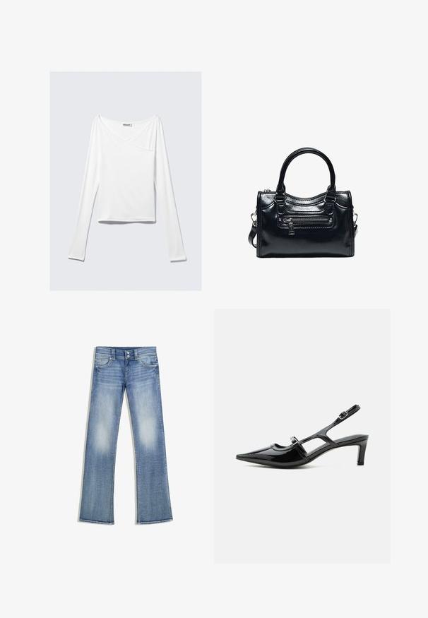 Weißes Langarmoberteil mit einem Überlappungsdesign und einer Tasche. Hergestellt aus einem glatten, elastischen Material. In einem lässigen, entspannten Schnitt.; Hellblaue Bootcut-Jeans mit ausgewaschener Optik, fünf Taschen, Gürtelschlaufen und doppeltem Knopfverschluss, flach auf weißem Hintergrund liegend.; Schwarzer Slingback-Schuh aus Lackleder mit spitzer Kappe, niedrigem Absatz und zwei verstellbaren Schnallenriemen, seitlich dargestellt.; Schwarze glänzende Lederhandtasche mit zwei Griffen, vorderer Reißverschlusstasche und abnehmbarem Schulterriemen auf weißem Hintergrund.