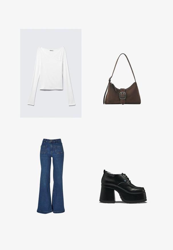 Haut blanc à manches longues avec un design croisé et une poche. Fabriqué dans un tissu lisse et extensible. Coupé dans une coupe décontractée et ample.; Jean en denim bleu taille haute avec jambes évasées larges, poches plaquées à l'avant, passants de ceinture et fermeture par bouton.; Chaussure plateforme noire épaisse avec talon haut massif, lacets à l'avant et surpiqûres typiques du mocassin, présentée de profil sur fond blanc.; Petit sac bandoulière marron avec détail de boucle argentée et fermeture éclair, avec une seule bandoulière pour le porter.