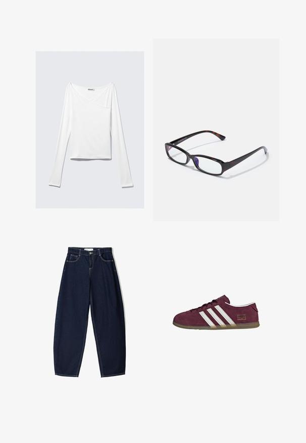 Witte long-sleeve top met een crossover ontwerp en een zak. Gemaakt van een gladde, rekbare stof. Geknipt in een casual, relaxte pasvorm.; Donkerblauwe denim broek met een losse fit, voorzien van vijf zakken, contrasterende stiksels en een ritsluiting aan de voorkant.; Bordeauxrode suède sneaker met witte strepen, een ronde neus en een buitenzool van gum rubber. Voorzien van een logolabel aan de buitenkant.; Rechthoekige bril met een schildpadpatroon, zwart kunststof montuur en transparante glazen. Voorzien van dunne pootjes en een lichte buiging aan de uiteinden.