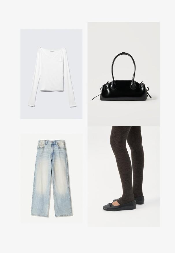 Haut blanc à manches longues avec un design croisé et une poche. Fabriqué dans un tissu lisse et extensible. Coupé dans une coupe décontractée et ample.; Pantalons en denim bleu clair avec une jambe large, comportant cinq poches, un léger délavage et des coutures visibles le long des coutures.; Jambes portant des leggings côtelés foncés associés à des ballerines noires avec de petits détails en nœud sur fond blanc.; Petit sac à main noir brillant avec deux longues anses et des détails à cordon sur les côtés sur un fond clair uni.