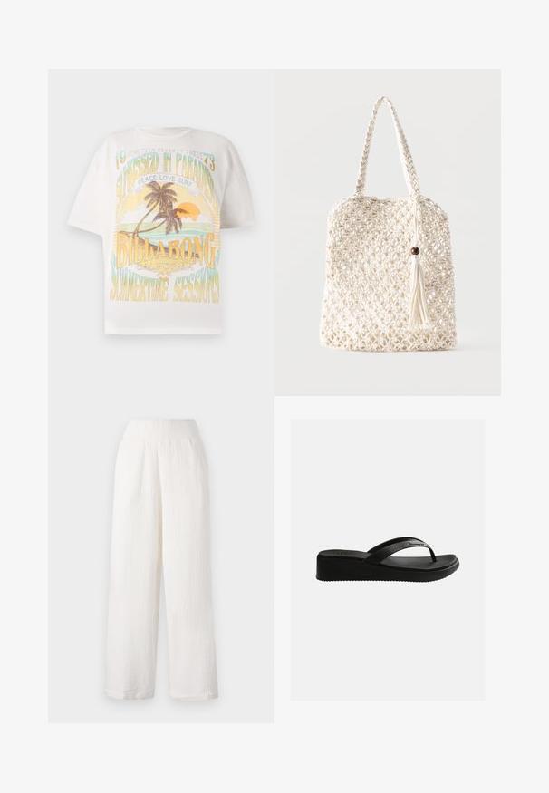 T-shirt en coton blanc avec un imprimé graphique coloré représentant des palmiers, un soleil, et un texte : "BAIGNÉ DE SOLEIL AU PARADIS", "BILLABONG", et "SESSIONS D'ÉTÉ."; Pantalons larges blancs en tissu texturé et froissé. Dotés d'une taille élastique et de poches latérales pour plus de commodité.; Sandale tongs compensée noire avec semelle texturée et fines lanières arborant un logo discret sur un fond blanc uni.; Sac fourre-tout en coton blanc tissé avec des poignées tressées et un pompon suspendu orné d'un détail en perle de bois.