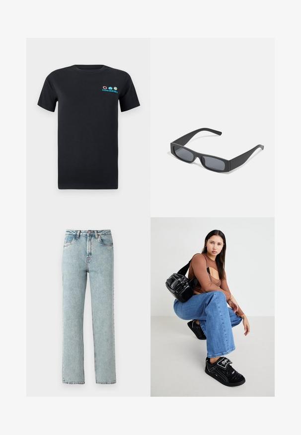 T-shirt en coton noir à manches courtes, avec un design de logo coloré incluant des éléments roses, bleus et verts sur la zone de la poitrine gauche.; Jean en denim bleu clair avec une taille haute, coupe droite et des détails de décoloration. Comprend cinq poches et une fermeture à bouton à la taille.; Sac bandoulière noir avec plusieurs poches zippées, haut à manches longues marron avec un design découpé, et jeans larges bleus avec des bords effilochés.; Lunettes de soleil noires rectangulaires avec des verres foncés et des montures en mat épais. Les branches sont légèrement effilées avec une texture lisse.