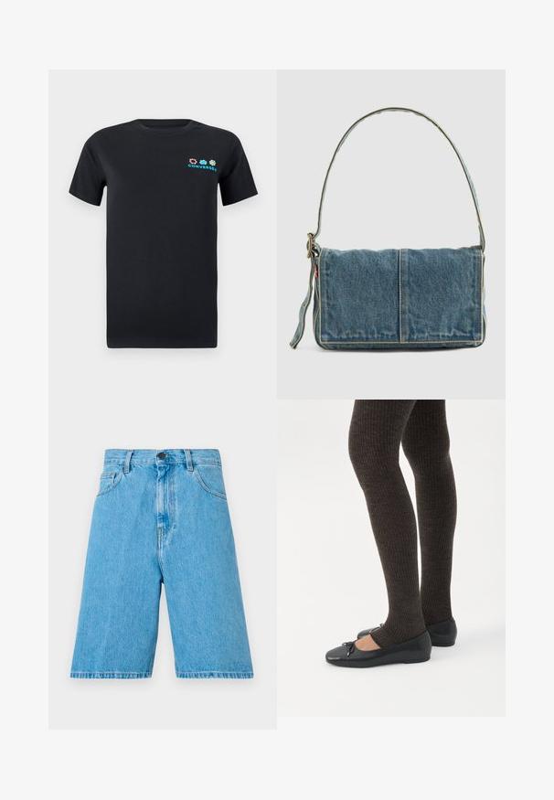 Sort bomulds T-shirt med korte ærmer, der har et farverigt logo-design med pink, blå og grønne elementer på venstre brystområde.; Lysblå denimshorts med en afslappet pasform, der har bæltestropper, en knaplukning og forlommer. Stof har en glat tekstur.; Ben iført mørke ribbede leggings kombineret med sorte balletsko med små sløjfedetaljer på hvid baggrund.; Denim skuldertaske med fold-over design, lys blå farve, synlige sømme, justerbar rem og en sidelabel-detalje.
