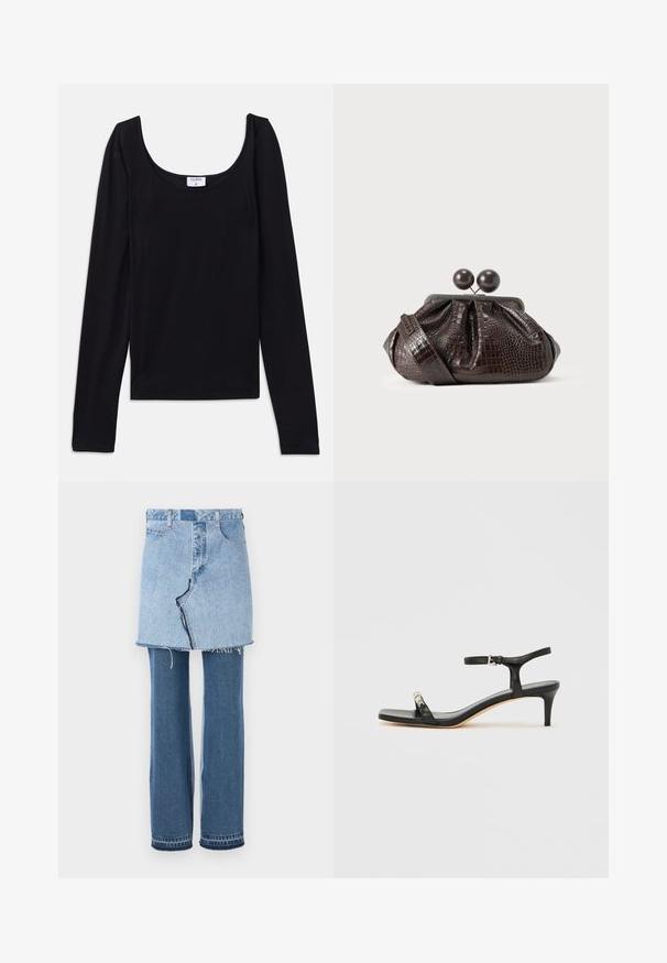 Sort langærmet top med en rund halsudskæring, lavet af glat, strækbart stof. Enkel design, ingen synlige mønstre eller accenter.; Denim beklædning, der kombinerer en lys blå miniskørt ovenfor og mørkeblå udvidede jeans nedenfor; har frynset kant og klassisk denimtekstur.; Sort læder sandal med hæl og ankelrem, åben tå, firkantet front og sølvfarvede metalaccenter. Figurformet design med en slank profil.; Brun pung i krokodillepræget læder med et samlet design, der har en metal-låseramme med kiss-lock og to runde træknapper til lukning.