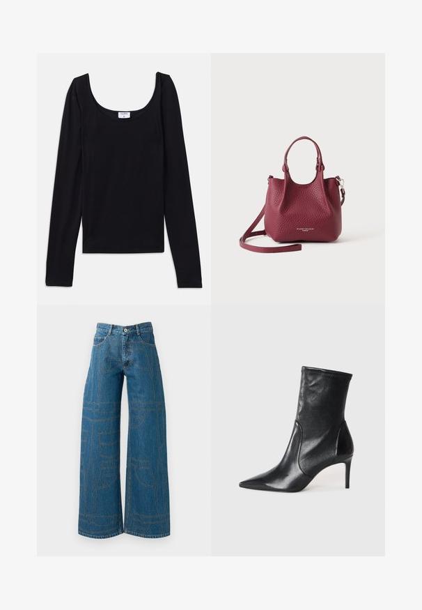 Haut noir à manches longues avec un décolleté arrondi, fabriqué à partir d'un tissu lisse et extensible. Design simple, sans motifs ni accents visibles.; Jeans évasés en denim bleu moyen avec des motifs de couture contrastants et plusieurs designs de poches. Taille haute avec une fermeture à bouton.; Bottes noires à la cheville en cuir lisse, dotées d'un bout pointu, d'un tige ajustée et d'un talon haut fin. Design minimaliste sans quincaillerie visible.; Petit sac à main en cuir texturé rouge foncé avec des poignées courtes et une longue bandoulière amovible, logo embossé sur le devant.