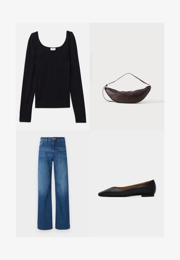 Sort langærmet top med en rund halsudskæring, lavet af glat, strækbart stof. Enkel design, ingen synlige mønstre eller accenter.; Mother THE LASSO SNEAK - Jeans Relaxed Fit - dark blue denim; Sort læder flad sko med spids tå, lav hæl og glat finish, vist fra siden på en lysegrå baggrund.; Mørkebrun læder skuldertaske i halvmåneform med buet rem og synlige syninger på ensfarvet baggrund.