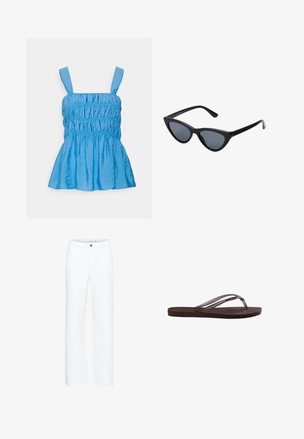 2nd Day LIA SHEER DELIGHT - Blúzka - azure blue; Biele nohavice s širšími nohavicami vyrobené z denimu. Majú zapínanie na gombík a tradičný dizajn s piatimi vreckami. Hladký povrch s čistým zakončením.; Hnedé gumové šľapky s textúrovanou podrážkou a tenkými remienkami s malým dekoratívnym kovovým detailom na boku.; Čierne slnečné okuliare v štýle mačacích očí s tmavošedými sklami, elegantným plastovým rámom, špicatými rohmi a rovnými stranami. Bez viditeľného hardvéru alebo akcentov.