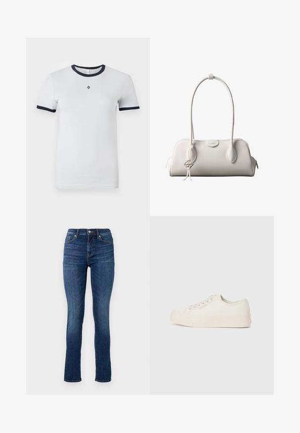 Weißes Kurzarm-T-Shirt mit einem runden, marineblauen Halsausschnitt und marineblauen Ärmelsäumen. Verfügt über ein kleines Logo auf der Brust. Glatter Stoff. ; Dunkelblaue Skinny Jeans aus Denim, mit einem standardmäßigen Bund, Fronttaschen und dezenten Steppnähten.; Sneaker aus off-weißem Canvas, mit einem Low-Top-Design, runder Zehenpartie und flacher Gummisohle mit dezenten Nähdetails.; Weiße Calvin Klein Schultertasche mit langen Griffen, rechteckiger Form, Reißverschluss und dekorativem Logo-Anhänger, der in der Nähe des Griffs hängt.