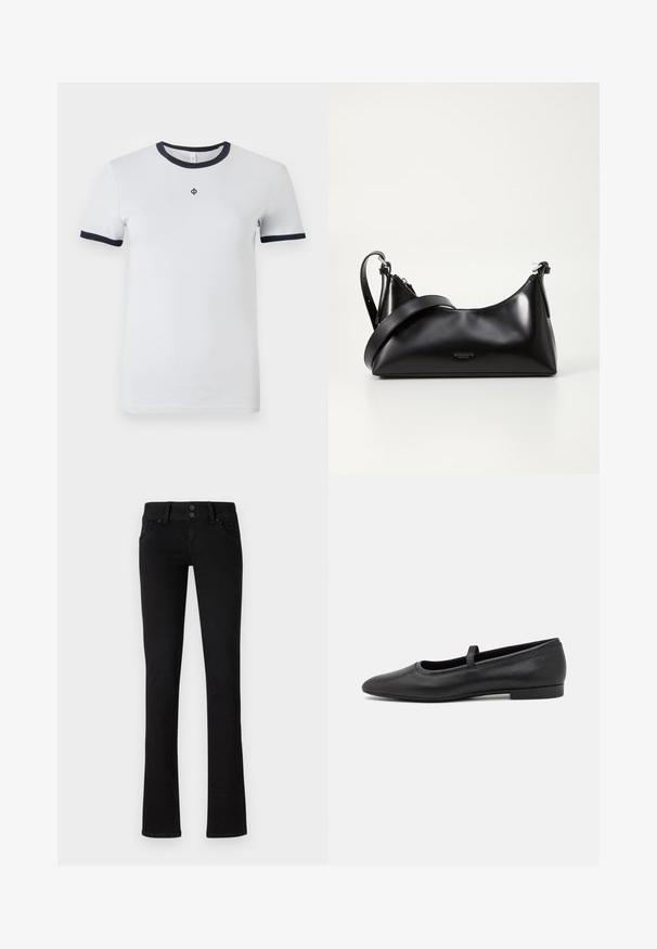 Hvid kortærmet t-shirt med en rund navy hals og navy manchetter. Har et lille logo på brystet. Glat stofstruktur.; Sort slim-fit jeans med to frontlommer, bæltestropper og dobbelt knaplukning, præsenteret på en ensfarvet hvid baggrund.; Sorte ballet flade lavet af glatmælket læder, med en rund tå, et lille bånd henover toppen, og et minimalistisk design.; Sort læderhåndtaske med en glat tekstur. Har en justerbar stropp og et enkelt, minimalistisk design med lynlås.