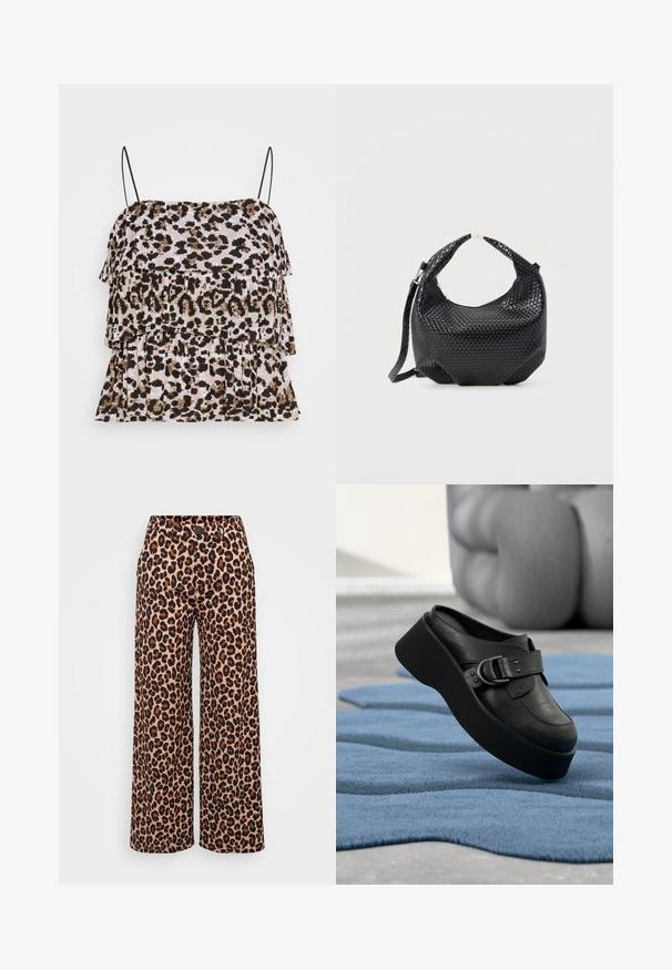 Animal print tanktop med lagdelte flæser. Sorte spaghetti stropper. Blød, tekstureret stof i nuancer af beige, brun og sort.; Even&Odd Petite P-EO-AW21-A-003-SP / PETITE_TAILORED WIDE LEG TROUSERS - Bukser - brown; Sort læder platform mule med en stor spænde detalje, hvilende på et struktureret, bølget blåt tæppe og en sløret grå baggrund.; Sort flettet læderhåndtaske med kort håndtag og aftagelig skulderrem, vist mod en ensfarvet lys baggrund.