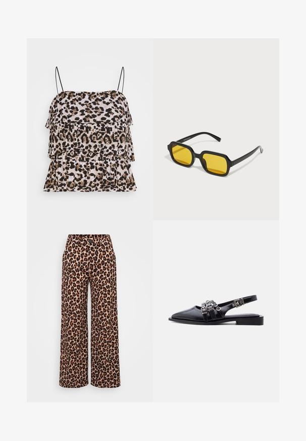 Animal print tanktop med lagdelte flæser. Sorte spaghetti stropper. Blød, tekstureret stof i nuancer af beige, brun og sort.; Even&Odd Petite P-EO-AW21-A-003-SP / PETITE_TAILORED WIDE LEG TROUSERS - Bukser - brown; Sort læder spaet tå slingback flad med tre spændestropper og sølvhardware på hvid baggrund.; Sorte rektangulære solbriller med gule linser. Funktioner inkluderer tykke stel og kantet design med en glat, blank finish.