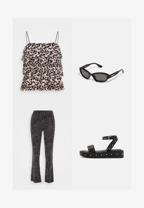 Animal print tanktop med lagdelte flæser. Sorte spaghetti stropper. Blød, tekstureret stof i nuancer af beige, brun og sort.; Sorte mønstrede flairbukser med zebramønster, der har en blød tekstur og en elastisk talje for komfort.; Even&Odd Plateausandaler - black; Sorte solbriller med rektangulært stel, mørke linser, glat plastmateriale og en metalaccent på templet.