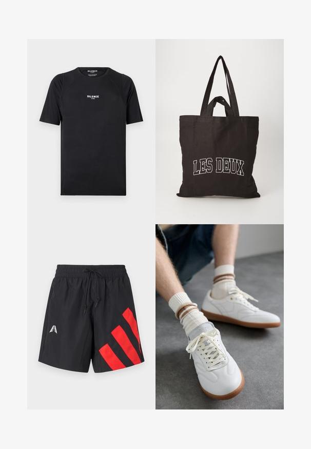 Schwarzes T-Shirt mit kurzen Ärmeln aus glattem Stoff, ausgestattet mit einem Rundhalsausschnitt und einem weißen "SILENCE"-Logo auf der Brust.; Schwarze Badehosen mit einem elastischen Bund, Kordelzug und roten diagonalen Streifen auf der linken Seite. Verfügt über ein kleines weißes Logo auf der Vorderseite.; Weiße Ledersneaker mit glatter Textur, grauen Wildlederelementen, beigen Gummisohlen und flachen Schnürsenkeln. Kombiniert mit cremefarbenen und braun gestreiften Socken.; Schwarze Leinentragetasche mit zwei stabilen Tragegriffen, mit weißem Text "LES DEUX" auf der Vorderseite, glatte Textur, rechteckige Form.
