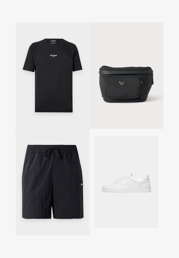 Zwarte t-shirt met korte mouwen van soepel materiaal, met een ronde hals en een wit "SILENCE" logo op de borst.; Zwarte zwembaden met een textuurstof, voorzien van een elastische tailleband met trekkoord en een klein logo aan de zijkant.; Witte lage sneaker met vetersluiting, glad leren bovenwerk en dikke zool, gezien vanuit de zijkant tegen een effen achtergrond.; Zwarte heuptas met voorvak met rits en zilveren adelaarlogo, gladde stof met gestructureerde afwerking en ritstrekker.