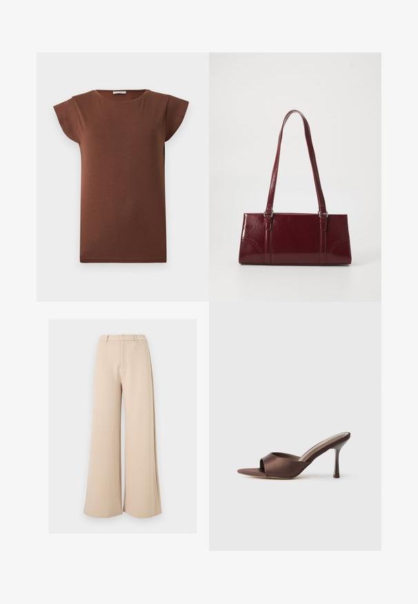 T-shirt marron à manches courtes avec col rond et ourlet droit, présenté à plat sur un fond clair.; Pantalon large beige taille haute avec passants pour ceinture et fermeture avant dissimulée sur fond blanc.; Mule en satin marron à bout ouvert avec un talon fin de hauteur moyenne et une conception à enfiler sur fond blanc uni.; Sac à main bordeaux en matériau brillant, de forme rectangulaire, avec deux anses et des accents légèrement courbés à l'avant.