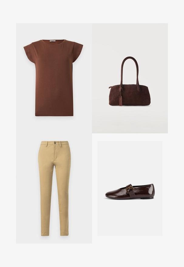 Brun kortærmet t-shirt med rund hals og lige kant, vist fladt på en lys baggrund.; Khaki chinos lavet af en blanding af bomuldsstof, med slim fit, bæltestropper, frontlommer og en enkelt knaplukning.; Mørkebrun laklædersko med stor guldlås og rund tå, vist i sideprofil på hvid baggrund.; Mørkebrun ruskindshåndtaske med to lange håndtag og en lille fastgjort tag, sat mod en ensfarvet lys baggrund.