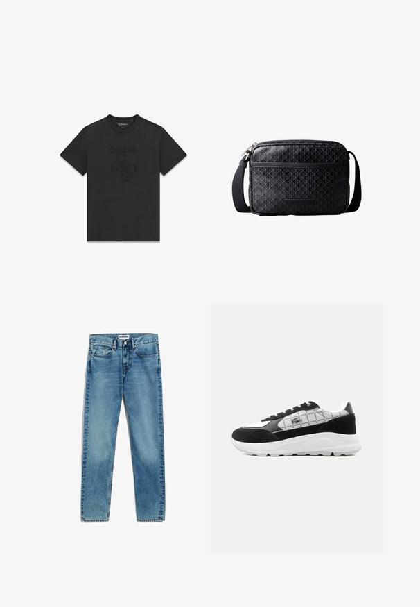 Schwarzes T-Shirt mit kurzen Ärmeln und Rundhalsausschnitt, mit erhabenem schwarzen „GUESS“-Schriftzug und ineinandergreifendem Logo, zentriert auf der Brust.; Helle blaue Denim-Jeans mit geradem Schnitt, fünf Taschen, Reißverschluss und dezentem Ausbleichen des Stoffes. Metallknopfverschluss.; Schwarz-weißer Sneaker mit Schnürdesign, dicker weißer Sohle und gemusteter Seite mit wiederholtem "Lacoste"-Text und Krokodil-Logo.; Schwarze Umhängetasche mit verstellbarem Riemen, vorderer Reißverschlusstasche und wiederholtem geometrischem Muster mit Calvin Klein-Logo auf der Vorderseite.