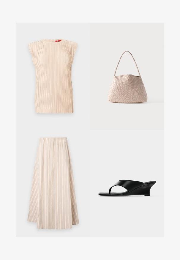 Ærmeløs beige plisseret bluse med rund halsudskæring og subtil vertical struktur, vist på hvid baggrund.; Beige A-line nederdel med hvide vertikale striber, elastisk talje og længde fra knæ til midt på læggen.; Sort læder kile-sandal med tøffelrem og åben tå, med lav buet hæl og slankt minimalistisk design.; Beige vævet læder skuldertaske med rund form og flettet håndtag, med en lille rund læderknaplukning.