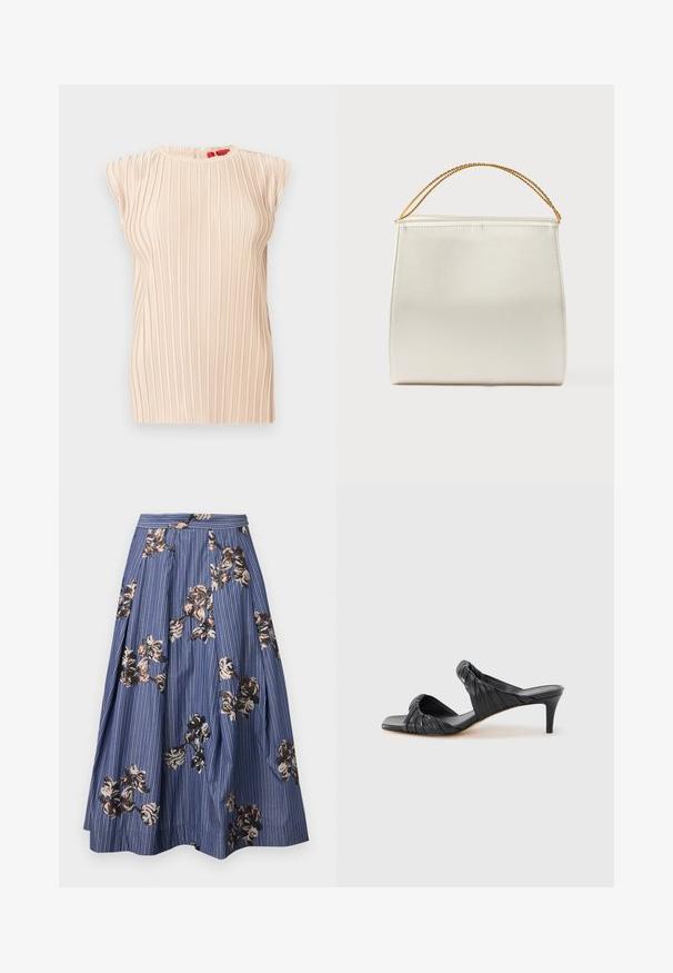 Blouse plissée beige sans manches avec encolure ronde et texture verticale subtile, présentée sur un fond blanc.; Jupe midi bleue avec fines rayures blanches et broderie dispersée de sequins floraux marron, noir et beige, avec des plis et une ceinture ajustée.; Sandales à talons noirs avec un bout carré, fabriquées en cuir lisse. Elles présentent des brides froncées et un talon fin pour plus d'élévation.; Sac à main structuré en finition satinée, de couleur crème, avec une bandoulière chaîne. Présente une texture plate et lisse ainsi que des coutures nettes.