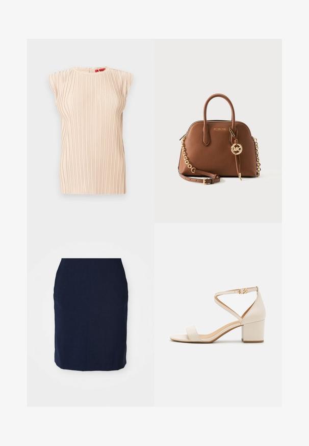 Ærmeløs beige plisseret bluse med rund halsudskæring og subtil vertical struktur, vist på hvid baggrund.; Navy blyantskørter lavet af tekstureret stof, knælang, med en tætsiddende design og uden synlige lukninger eller udsmykninger.; Beige blokhælede sandaler med et minimalistisk design, åben tå og justerbar ankelrem med en guldbelsningsdetalje. Glat tekstur.; Brun læder Michael Kors håndtaske med dobbelte håndtag, guldkæde og et rundt MK-logo vedhæng på en ensartet lys baggrund.