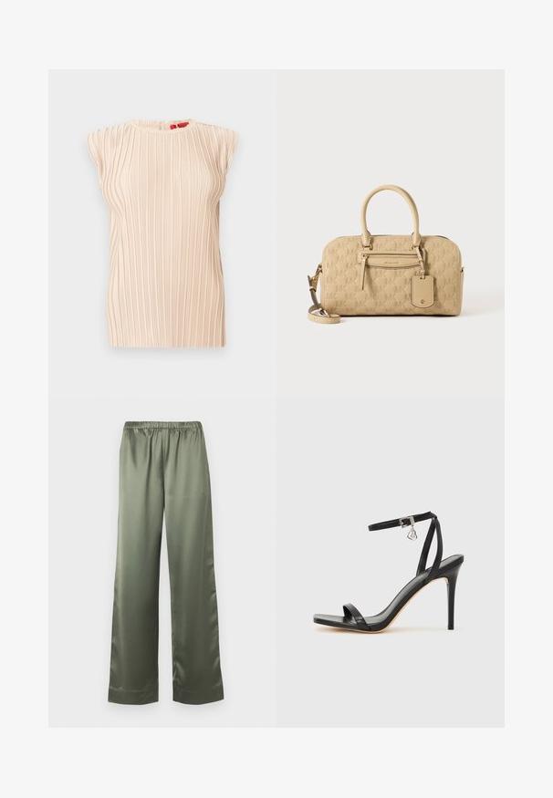 Blouse plissée beige sans manches avec encolure ronde et texture verticale subtile, présentée sur un fond blanc.; Pantalon ample en satin vert olive avec une taille élastique et des jambes larges et droites.; Sandale à talon haut noire avec une bride étroite à la cheville, bout carré, cuir lisse et accent de boucle métallique.; Sac à main beige Michael Kors avec motif MK embossé, doubles poignées, poche avant zippée et bandoulière amovible sur fond blanc.