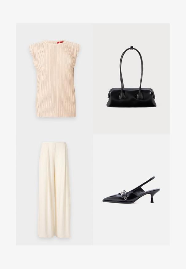 Ärmellose beige plissierte Bluse mit rundem Ausschnitt und dezenter vertikaler Struktur, präsentiert vor weißem Hintergrund.; Norma Kamali MENS PLEAT - Stoffhose - cream; Schwarzer Slingback-Pumps aus Lackleder mit kleinem Absatz, spitzer Zehenpartie und silberner Schnallendetail, auf einfachem weißem Hintergrund.; Schwarze Lederhandtasche mit zwei langen Griffen, glatter Textur und einer abgerundeten Basis mit dekorativen Akzenten an den Seiten.