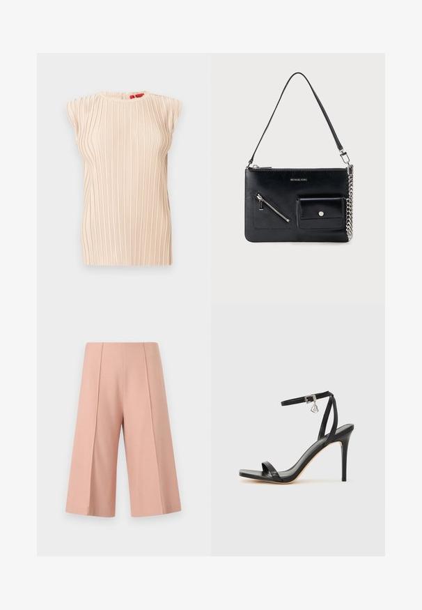 Ærmeløs beige plisseret bluse med rund halsudskæring og subtil vertical struktur, vist på hvid baggrund.; AERON PEN - Shorts - mottled pink; Sort hæl-sandal med smal ankrem, firkantet tå-boks, glat lædermateriale og metalspænde som pynt.; Sort Michael Kors skuldertaske i læder med toplynlås, diagonal lynlåslomme foran, klaplomme med trykknap og sølvkædedetalje.