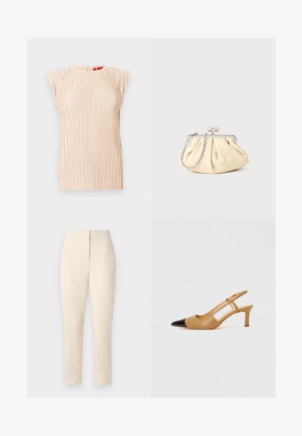Blusa sin mangas beige plisada con escote redondo y textura vertical sutil, mostrada sobre un fondo blanco.; Pantalones rectos color crema con una cinturilla ajustada y cierre de cremallera frontal oculto, exhibidos sobre un fondo liso.; Tacones slingback color tostado con puntera negra puntiaguda, con laterales recortados y tacón cuadrado de altura media. Material de cuero liso.; Clutch de cuero beige plisado con un marco de metal plateado, que cuenta con dos broches decorativos redondos y una correa de cadena plateada.