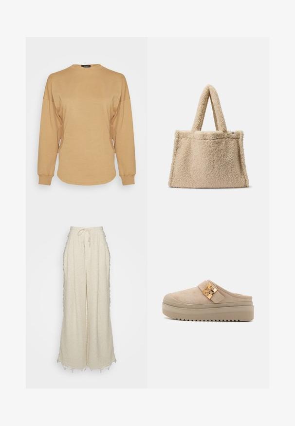 A.W.A.K.E. MODE LONG SLEEVE WITH CUT OUT DETAIL - Langærmet T-shirt - terracotta; ECKHAUS LATTA TROUSER - Bukser - ecru; Beige ruskind mule platforme med en tyk, tekstureret sål, der har et fremtrædende guldfarvet metalaccent på den justerbare strop.; Beige teddy stof tote bag med to korte håndtag, blødt tekstur og en struktureret form. Ingen synligt hardware eller yderligere detaljer.