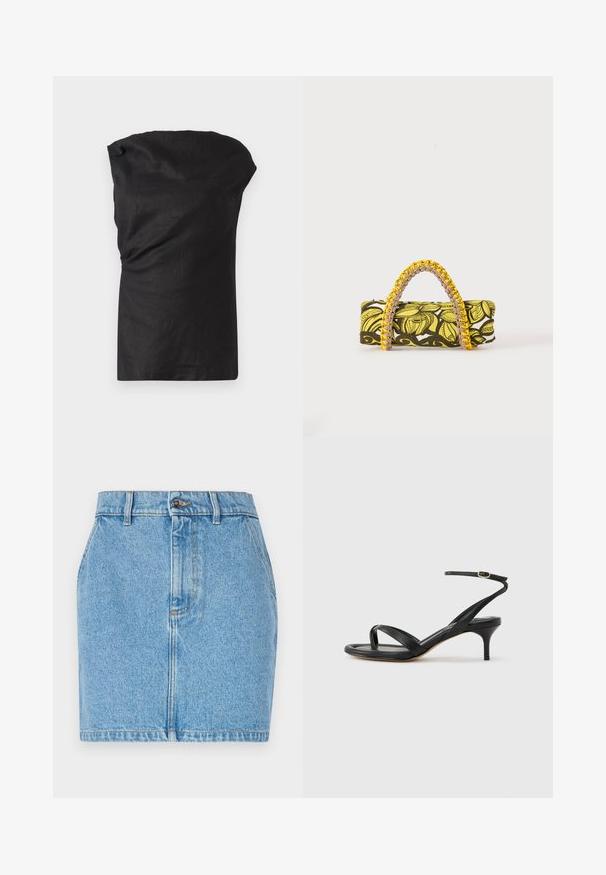 Top sans manches noir en tissu léger et texturé. Dispose d'un col drapé et d'une coupe décontractée avec un ourlet droit.; Jupe en denim bleu clair, avec un design ajusté, un style à cinq poches et des coutures contrastées. Le matériau a une finition texturée.; Sandale pour femme en cuir noir avec fines lanières, une boucle d'orteil, une boucle à la cheville et un talon aiguille de hauteur moyenne sur un fond neutre.; Sac rectangulaire avec motif floral jaune et noir et anse tressée jaune et rose sur fond blanc.