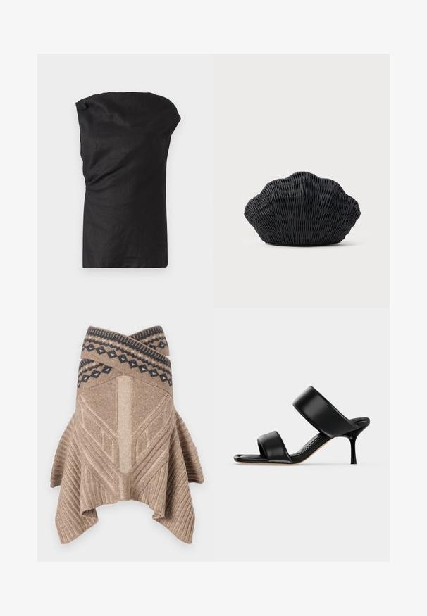 Zwarte mouwloze top van een lichte, gestructureerde stof. Beschikt over een gedrapeerde halslijn en een losse pasvorm met een rechte zoom.; Beige gebreide poncho met een geribbelde textuur, geometrisch ontwerp en een contrasterende geborduurde rand in donkerblauw. Gekleed met een asymmetrische zoom.; Zwarte leren mule sandaal met twee brede banden en een slanke, middelhoog stilettohak op een effen lichte achtergrond.; Zwarte gevlochten handtas in de vorm van een sint-jakobsschelp met een gebogen bovenkant en een geweven textuur op een effen achtergrond.