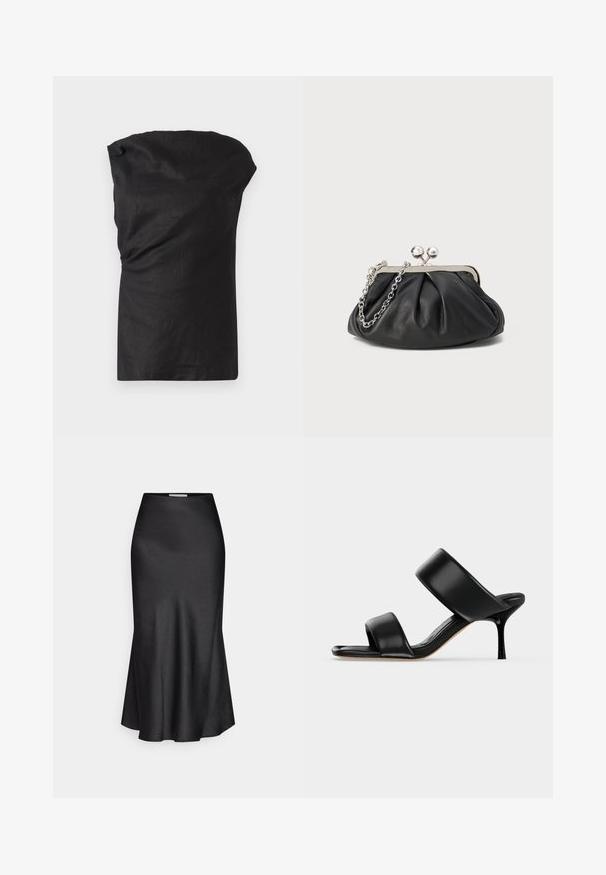 Top sans manches noir en tissu léger et texturé. Dispose d'un col drapé et d'une coupe décontractée avec un ourlet droit.; DRYKORN NEVIDA - Jupe longue - black; Sandale mule en cuir noir avec deux larges brides et un talon stiletto fin de hauteur moyenne sur un fond clair uni.; Porte-monnaie en cuir noir avec texture froncée, cadre en métal argenté, fermeture à verrouillage kiss-lock et bandoulière en chaîne. Surface lisse et douce.